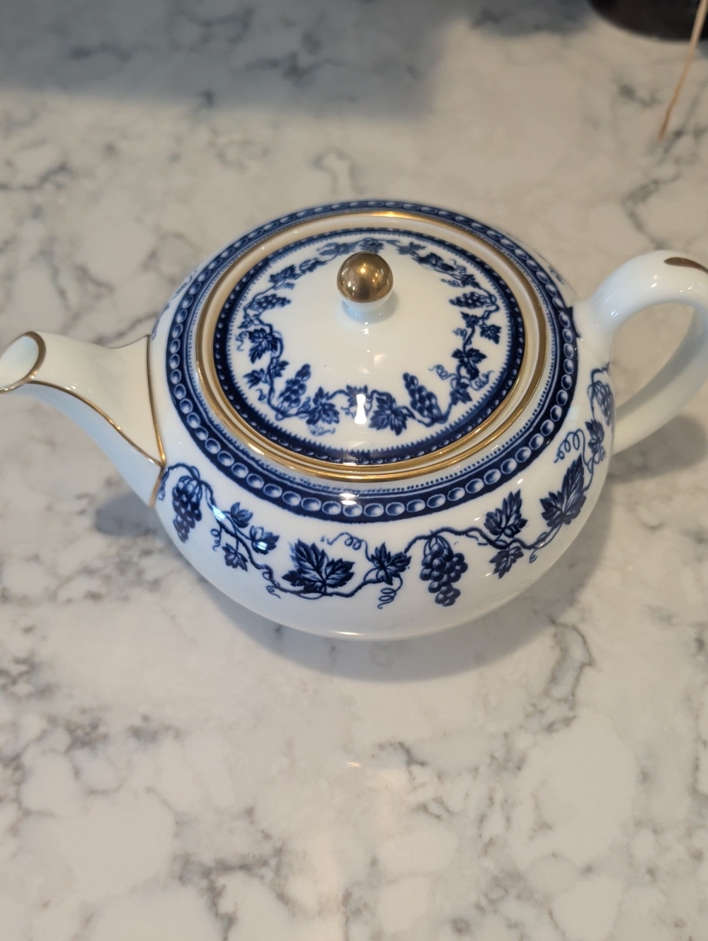 Wedgewood Sophia Blue and White Porcelain Teapot with Gold Trim